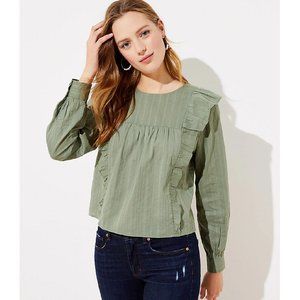 NWT! LOFT Olive Green Cotton Ruffle Cropped Blouse